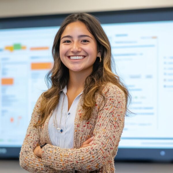 Smiling woman education display