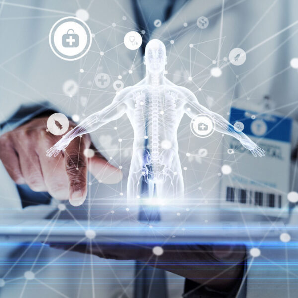Tablet, hands or doctor with human body hologram for futuristic